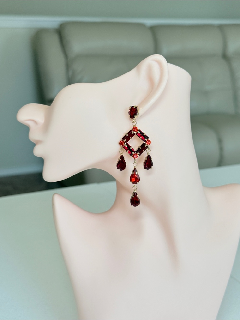 Elegant Red Crystal Drop Chandelier Earrings - Gold Tone